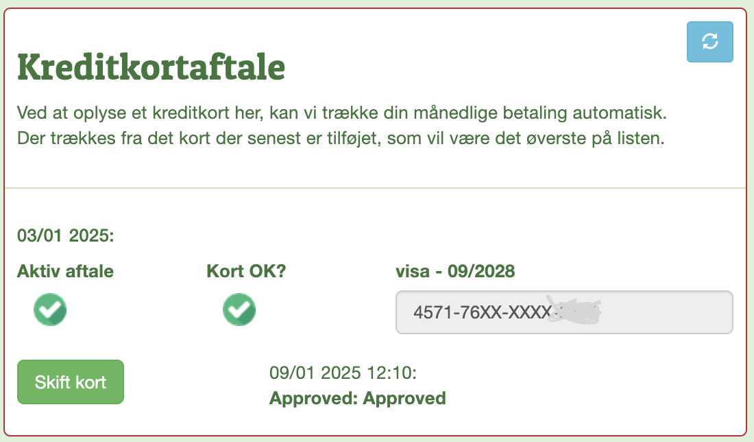 Skærmbillede af korttilmelding med delvist vist kortnummer og aftalenummer